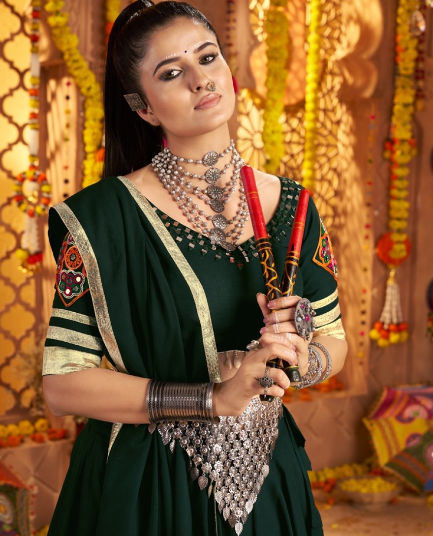 11006 - Intricate Green Viscose Rayon Navratri Wear Lehenga Choli With Dupatta